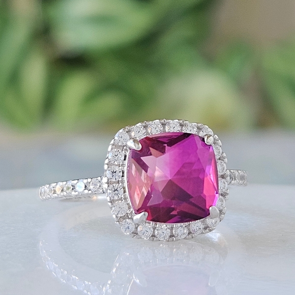 Pink Topaz Cushion Square Gemstone Ring, 925 Sterling Silver Charmed Aroma - Picture 2 of 9